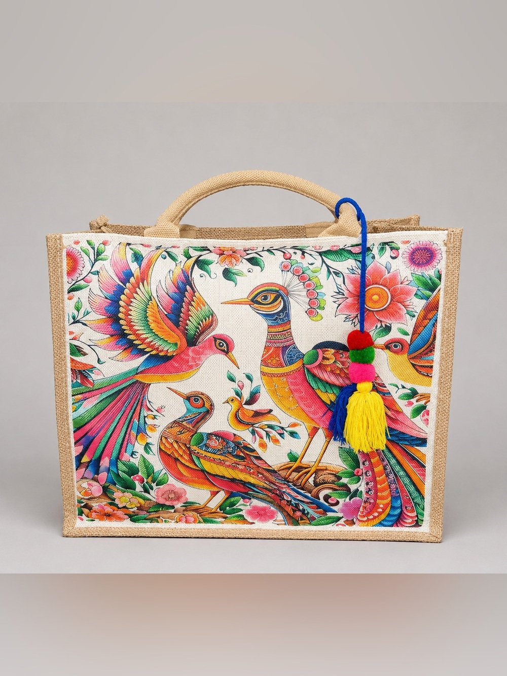 Colorful Tropical Bird Jute Tote Bag Zip Top Pom Pom Tassel Beach Market Boho